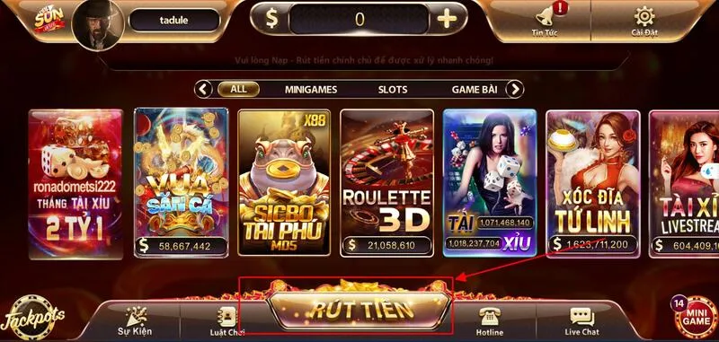 Sunwin 33 Chọn biểu tượng rút tiền màu vàng ở góc dưới màn hình