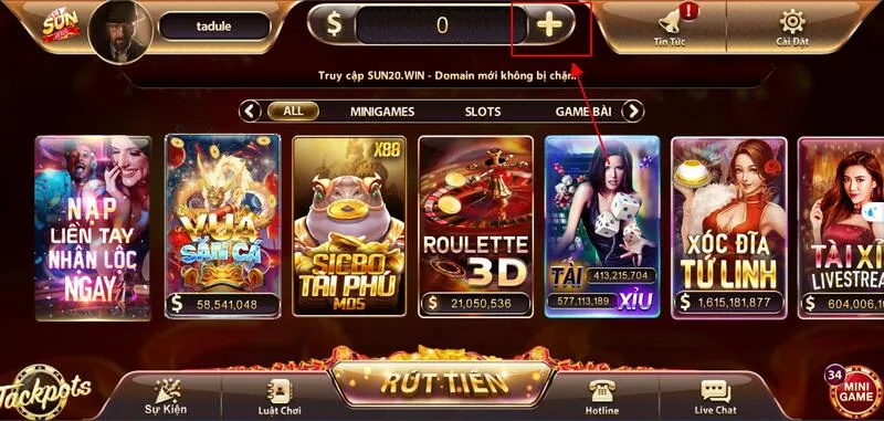 Sunwin 31 Chọn dấu cộng để tiến hành nạp tiền vào tài khoản cổng game