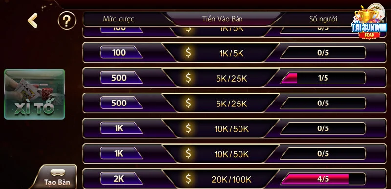 Xì Tố Sunwin - Luật Chơi, Quy Tắc Và Các Thuật Ngữ Cần Biết 2 Game có nhiều bàn và mức cược khác nhau cho hội viên